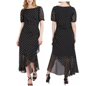 Julia Jordan Polka Dot Maxi Dress | Size 2 | Ruffle Hem | Puff Sleeve | Sheer Ov